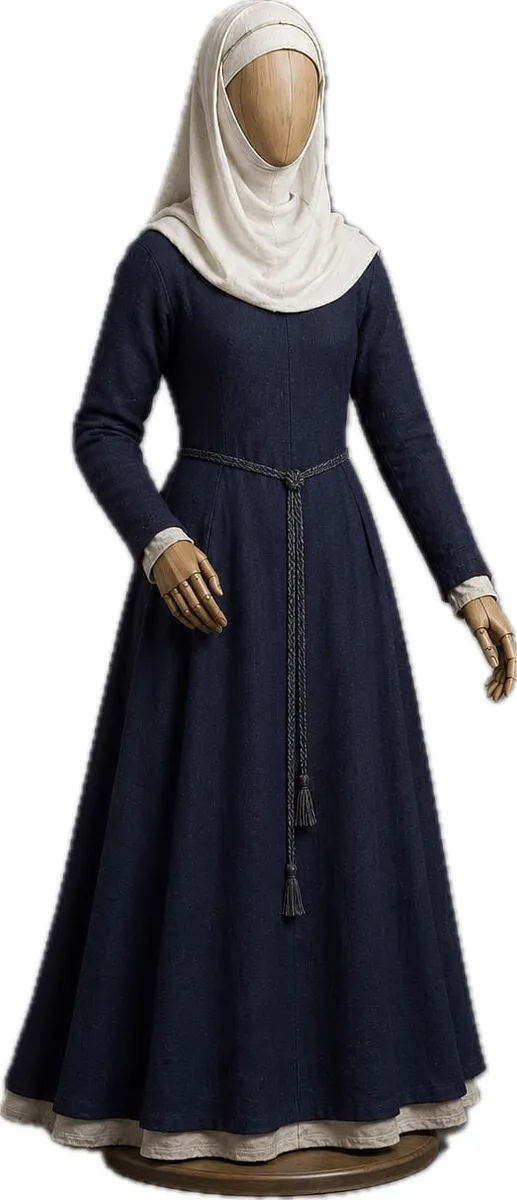 Vestido largo con cintura suave, mangas estrechas y velo: una base clara para entender la silueta medieval del siglo XIII.