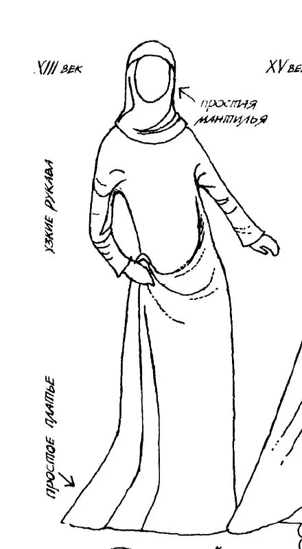Esquema de inspiración medieval: línea vertical, manga cercana al brazo y caída simple de la falda.
