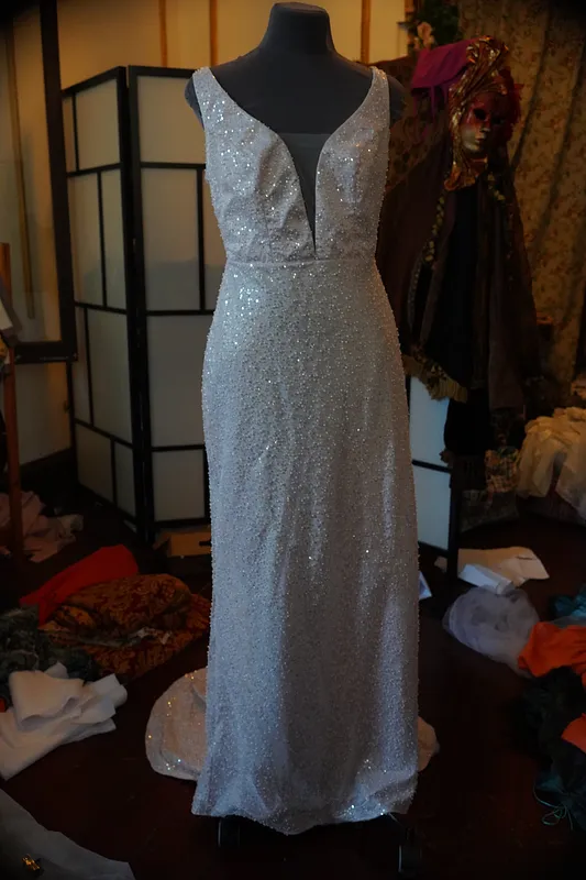Vista frontal cercana del vestido, mostrando el escote en V profundo, la cintura marcada y la superficie cubierta de brillo sobre una falda recta larga.