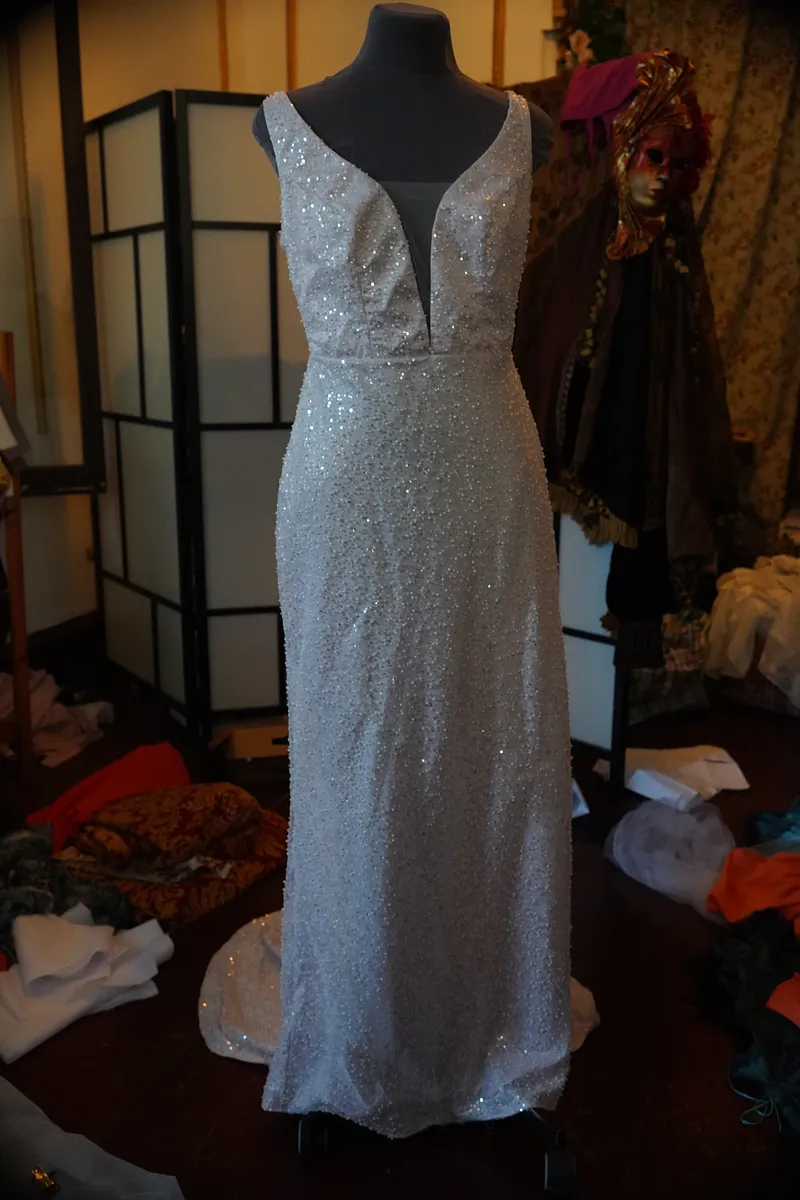 Vista frontal cercana del vestido, mostrando el escote en V profundo, la cintura marcada y la superficie cubierta de brillo sobre una falda recta larga.