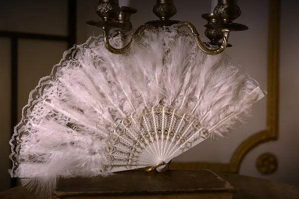 Abanico abierto de plumas blancas, con varillas claras decoradas y un borde superior de encaje festoneado.