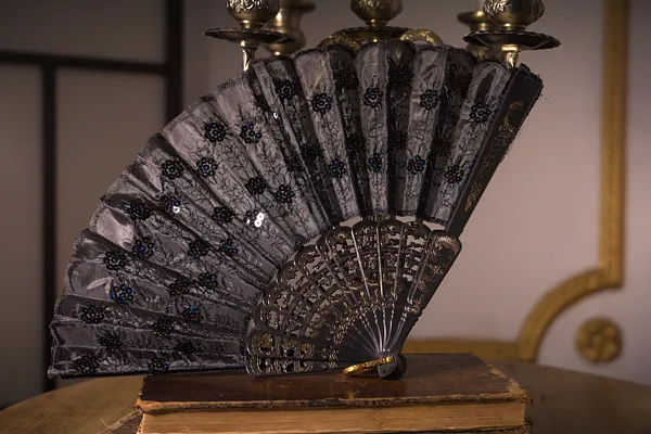 Abanico abierto de encaje negro, con varillas ornamentadas y pequeñas aplicaciones florales oscuras distribuidas sobre la tela.