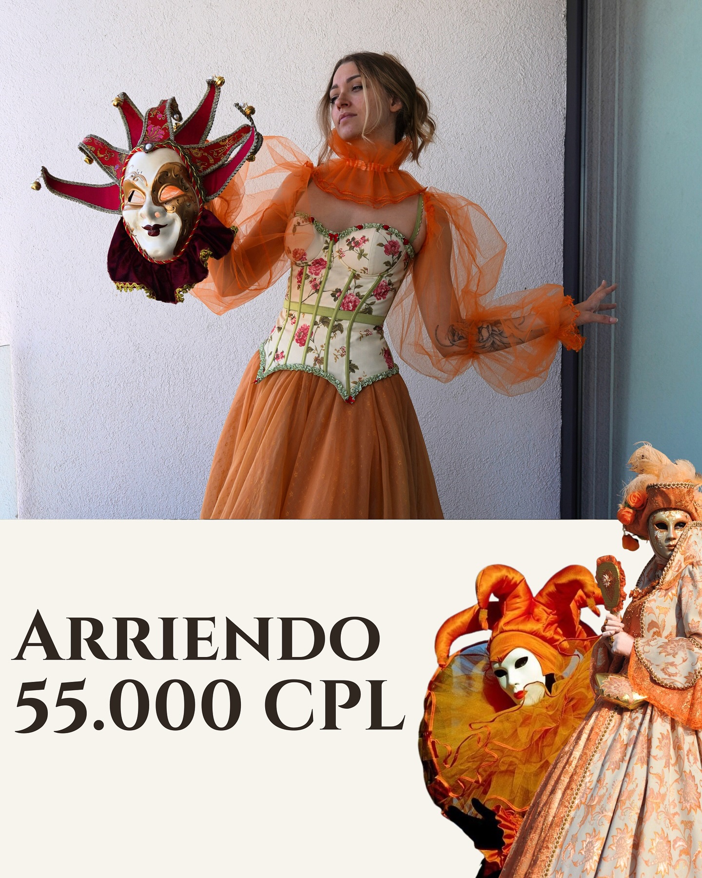 El valor del conjunto completo es de 55.000 CLP por 2 días. La máscara no está incluida. El valor de la máscara es de 15.000 pesos por 2 días. Para reservar, escríbenos por mensaje directo 💌