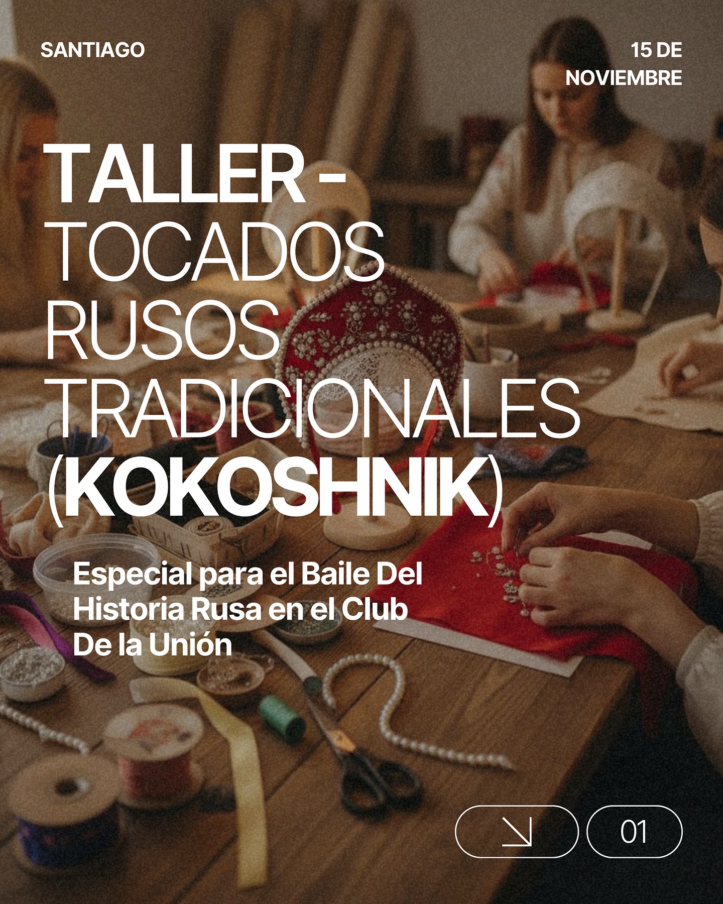 Escríbenos por DM para reservar tu cupo ✨

Nosotros ponemos todos los materiales:
base, tela, perlas, cintas y decoración.

Un kokoshnik así normalmente cuesta alrededor de 60 000 CLP, pero el taller son solo 35 000 CLP. 💫