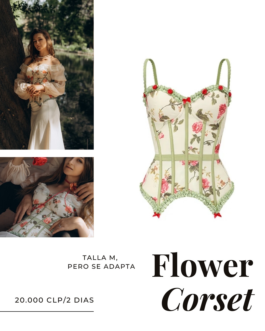 🌹Corset con flores, queda bien tanto para talla S como para M; para talla L se puede probar. Accesorios para el cuello de regalo a elección. 

Para arrendar o encargar una confección única a medida, escríbenos por mensaje directo en Instagram. Te responderemos dentro de 24 horas 💌resolveremos tus dudas y te ayudaremos a elegir la talla.